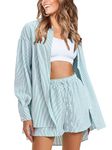 EXLURA Women's Fall 2 Piece Outfits 2024 Long Sleeve Button Down Shirts Matching Short Sets Oversized Lounge Pajama Workout, Green, Small