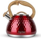 Tea Kettle, Toptier Teapot Whistling Kettle with Wood Pattern Handle Loud Whistle, Food Grade Stainless Steel Tea Pot for Stovetops Induction Diamond Design Water Kettle, 2.7-Quart Red