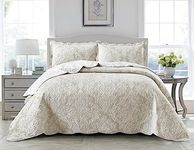 Q Style Quilted Patchwork Bedspread Bed Throw 3 Piece Comforter bedding set with Pillow Shams and Coverlet Throw Machine Washable (Damask-Beige, King)