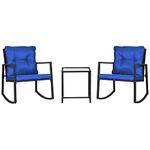 Outsunny 3 Pieces Rocking Bistro Set, Outdoor Wicker Patio Furniture with Glass Coffee Table and Outside Rocking Chairs for Porch, Conversation Sets with Thick Cushions, Blue