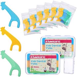 FAMILIFE Kid's Dental Floss Picks, Unflavored Tooth Pick Flossers Children with Portable Travel Cases Refills Pack, 204 Pcs