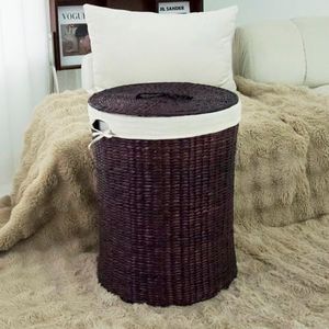 Furnnylane Hand Woven Laundry Basket with Lid,21-Inch Laundry Hamper with Removable Liner for Laundry and Elegant Storage,Dark Coffee