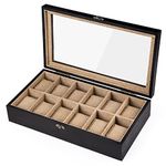 SRIWATANA Watch Box, Watch Case Organizer for Men Women, Father's Day Gift, 12 Slot Watch Holder Display Case with Glass Top - Gift for Loved Ones, Weathered Black