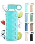 purifyou Premium 40/32 / 22/12 oz Glass Water Bottles with Volume & Times to Drink, Silicone Sleeve & Stainless Steel Lid Insert, Reusable Bottle for Fridge Water, Milk, Juice (12oz Aqua Blue)