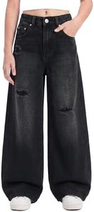 PATPAT Girls Baggy Ripped Jeans 5-14Y, Y2K Vintage Mid Waist Wide Leg Jeans, Trendy Denim Pants with Elastic Waist & Pockets Black