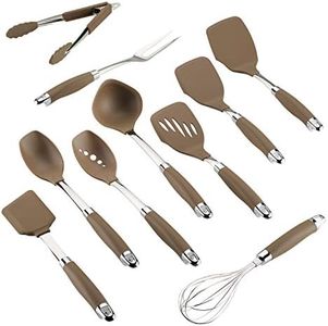 Anolon Tools Set/Nonstick Nylon Cooking Utensils/Kitchen Gadgets Includes Spoons, Turners, Ladle, Meat Fork, Whisk, and Locking Tongs, 10 Piece, Bronze