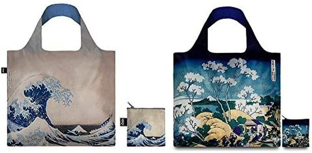 Loqi Museum Collection Set of 2 Asian Inspired Reusable Shopping/Grocery Bags~Hokusai's Fuji from Gotenyama & The Great Wave. Compact, Foldable into zippered Pouch, Supports up to 44 lbs. Eco-Friendly