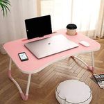 SOLIAM Foldable Wooden Laptop Bed Tray Table, Multifunction Lap Tablet Desk with Cup Holder, Perfect for Eating Breakfast, Reading Book, Working, Watching Movie On Bed (Pink MAXX)