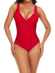 SHAPERIN Women One Piece Swimsuit Deep V Neck Tummy Control Swimwear Monokini Sexy Cross Back Bathing Suit Shapewear Bodysuit, Red, M