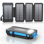 Solar Power Bank 26800 mAh with 4 Solar Panels, Power Bank USB-C Quick Charge for Compatible Phones, IPX7 Waterproof Outdoor External Batteries with Flashlight Light/SOS/Strobe (Blue)