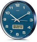 TIMESS Wall Clock, 14" Large Dial Non-Ticking Silent Battery Operated Analog with LCD Display for Perpetual Calendar and F° Temperature, Ideal Modern Home, Bedroom, Kitchen, Office Decor (Blue)