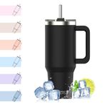 WATERSY Travel Mug Coffee Cup 40oz Tumbler Straw Lid and Handle, Stainless Steel Double Wall Vacuum Insulated Coffee Water Bottle Thermos for Cold Hot Coffee 1182ml Black