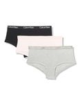 Calvin Klein Women's Motive Cotton Boyshort Panties, 3 Pack, Black W/White Logo/Grey Heather W/White Logo/Nymph’s Thigh W/White Logo, Small