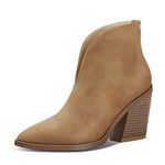 mysoft Women's V Cut Out Ankle Boots Slip On Pointed Toe Chunky Stacked Heel Booties, Light Brown, 7.5