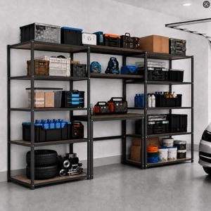 FLEXIMOUNTS Garage Storage System with Workbench, Particle Board Shelving & Pegboard, 142" Modular Garage Organization, Heavy-Duty Steel Storage Rack and Tool Organizer, Black, FLEXIMOD Series