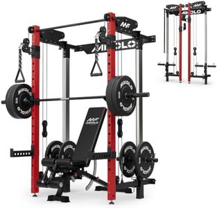 Mikolo Folding Squat Rack, Wall Mounted Power Rack with Cable Crossover Machine & LAT Pull Down, Functional Trainer with 5 Adjustable Function Modes, Basic Home Gym Package with Weights (Red)