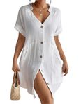 Bsubseach Cover Ups for Swimwear Women White Short Sleeve Bathing suit Coverup with Pockets Swim Coverup L