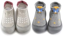 HOVELL 2 Pairs Baby Soft Rubber Sole Shoes Toddler Girls Boys Non Slip Walking Shoes Infant Cotton Floor Slipper Sock Shoes(Grey,12-18M)