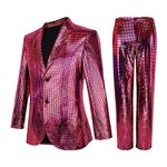 Nawgut Sequin Blazer Metallic Slim Suit 2 Piece Set Disco Prom Shiny Outfit Wedding Party Banquet Fashion Jacket Pant, Rose Pink, Large