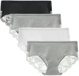 LIQQY Women's 4 Pack Cotton Mid Rise Full Coverage Lace Hipster Brief Panty Underwear