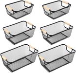 Maxcheck 6 Pack 3 Size Metal Wire Baskets Wooden Handles Steel Mesh Storage Bins Organizer Containers for Home Cabinets Pantry Closet Kitchen Food Fruit Makeup Gift Freezer Storage Rectangle(Black)