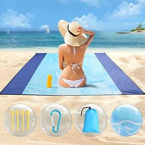 DONGQI Tapis de Plage Anti Sable 210 x 200 cm, Couverture de Plage Tapis de Plage avec 4 Piquets, Couverture de Plage Anti-Sable Portable Résistante pour Camping,Plage,Randonnée, Bleu