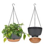 2 Pack Hanging Planters for Indoor Plants, Self-Watering Hanging Planter Holder with Pot, Drainage Holes, Removable Saucer for Garden Home (Black, 10 Inches)