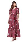 Fashion Dream Women's Maroon Crepe Floral Print Tiered Maxi Dresses(Maroon_Small)