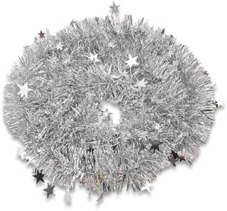 Tradineur - Pack de 4 Guirnaldas navideñas con Estrellas - Boa/Espumillón/Oropel Brillante Colgante - Decoración Navidad, árbol, Fiesta de cumpleaños - Ø 10 x 180 cm - Color Plata