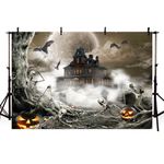 AIBIIN 7x5ft Halloween Photography Backdrop Scary Night Ghost Skeleton Castle Bat Pumpkin Grey Decor Backdrop Fog Haunted House Saints' Day Kids Adults Portrait Photo Supplies