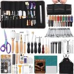 Tikjiua Beginners Leather Working Tooling Kit with Apron and Leather Tooling Bag, Leather Making Kit with Leather Tools for Leather Stamping, Carving, Sewing, Beveling, Cutting, Leather Craft