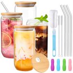 Xsiuyue Glass Cups with Bamboo Lids and Straws 4 Pack, Iced Coffee Cup, 16oz/480ml Can Shaped Drinking Glasses, Clear Glass Tumbler for Beer, Cocktail, Milk, Ice Water, Juice, Coffee, Gift