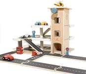 Little Log Wooden Parking Garage with Accessories, Play Garage with Lift, Helicopter, Wooden Garage Toy for Boys and Girls(70 x 50 x 36.5 cm)