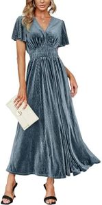 Simplee Women’s Short Sleeve Velvet Maxi Dress V Neck Formal Dress(L Grey Blue)