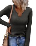 Zeagoo Long Sleeve Shirts for Women Stretch V-Neck Slim Fitted T Shirt Ribbed Knit Tops Casual Y2k Basic Tee 2024,Dark Grey,Small