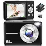 Digital Camera,Amdeurdi Compact Camera FHD 1080P 44MP, Vlogging Camera Rechargeable Digital Camera with 16X Digital Zoom with 2 Battery,32G Memory Card for Beginner Photography- Black