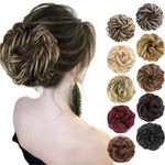 MORICA 1PCS Messy Hair Bun Hair Scrunchies Extension Curly Wavy Messy Synthetic Chignon for Women Updo Hairpiece (Dark Brown & Ash Blonde)