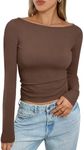 Trendy Queen Women's Boat Neck Tops Long Sleeve Shirts Casual Fitted Tee Shirts Solid Color Fall Basic Clothes Brown XS