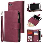 UEEBAI Wallet Case for iPhone SE 2022 5G/iPhone 7/iPhone 8/iPhone SE 2020, Premium PU Leather Magnetic Closure Handbag Zipper Pocket Case Card Slots Wrist Strap Flip Case for iPhone SE3/SE2 -Wine Red