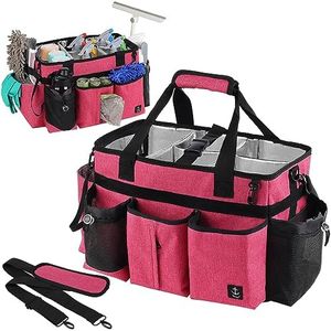 Timoxi Large Wearable Cleaning Caddy Bag with Detachable Divider, Cleaning Organizer with Handles, Cleaning Supply Tote with Adjustable Shoulder Strap&Waist Belt for Cleaners & Housekeeper (Rose Red)