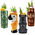 Tiki Mugs Cocktail Set of 4 - Tumblers Ceramic Hawaiian Luau Party Mugs Drinkware, Cute Exotic Cocktail Glasses, Tiki Bar Professional Hawaiian Party Barware