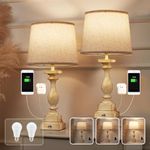 (Set of 2) Bedroom Lamps with 2 USB Ports, Upgraded Touch Lamps for Nightstand Bedroom, Rustic Bed-Side Lamps with 3- Way Dimmable,23" Tall Table Lamps for Living Room,Bonus 2 Bulbs