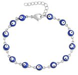 EDFORCE Stainless Steel Women's Charm Bracelet Green | Gold Enamel Evil Eye Protection Link Chain Adjustable, 8" (Navy Blue, Silver-and-Stainless-Steel)