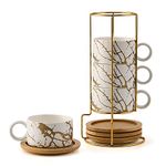 LUKA Porcelain Espresso Cup with Metal Stand, 6 Ounce Stackable Ceramic Demitasse Espresso Mugs Cappuccino Cups Set for Latte,Coffee,Cafe Mocha,Tea(Set of 4,White)