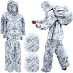 Cutecrop 2 Sets Winter Camo Suit Hunting Tactical Suit with Backpack Cover, Snow Camo Ghillie Suit Windbreaker Winter Camouflage Jacket Pants for Sniper Military Tactical Hunting, Unisex, White, as