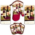 Lobyn Value Packs - Wine Lover’s Kitchen Set: 5 Pieces with Grape & Wine Bottle Motif, includes 2 Artistic Dish Towels, Oven Mitt, and 2 Quilted Potholders