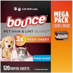 bounce Pet Hair and Lint Guard Mega Dryer Sheets With 3x Pet Hair Fighters, Fresh Scent, 120 Count