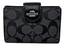 COACH Womens Medium Corner Zip Wallet In Signature Canvas, SV/Black Smoke /Black, Wallet