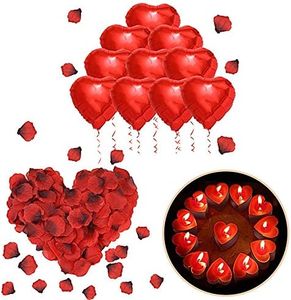 ASANMU Kit Romántico de Velas y Pétalos, 1000 Piezas Pétalos de Rosa + 50 Rojo Velas en Forma de Corazón + 10 Foil Globos Corazón Rojo Decoración para San Valentín, Aniversario, Compromiso, Propuesta