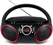 SINGING WOOD 030C Portable CD Player Boombox with AM FM Stereo Radio, Aux Line in, Headphone Jack, Supported AC or Battery Powered (Black with a Touch of Red Rims)